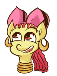 Size: 750x1000 | Tagged: safe, anonymous artist, apple bloom, earth pony, pony, g4, alternate hairstyle, bust, cornrows, ear piercing, earring, fanfic fuel, female, filly, foal, hooped earrings, implied zecora, jewelry, neck rings, piercing, portrait, simple background, solo, white background