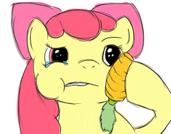 Size: 504x396 | Tagged: safe, artist:bees, apple bloom, earth pony, pony, g4, carrot, female, filly, foal, food, herbivore, simple background, solo, teary eyes, white background