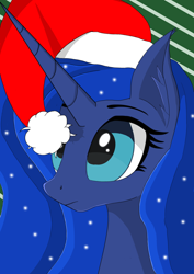 Size: 1754x2480 | Tagged: safe, artist:raritymylove, princess luna, alicorn, g4, bust, christmas, hat, holiday, portrait, santa hat, simple background, solo