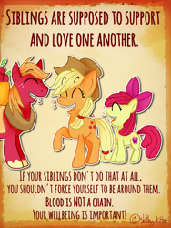 Size: 1280x1700 | Tagged: safe, artist:slothyykittee, apple bloom, applejack, big macintosh, earth pony, pony, g4, apple siblings, apple sisters, brother and sister, eyes closed, female, filly, foal, male, mare, siblings, sisters, stallion, text, wholesome