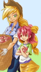 Size: 720x1280 | Tagged: safe, artist:브로니ceo, apple bloom, applejack, human, g4, apple, apple sisters, bucket, clothes, food, freckles, gloves, humanized, siblings, sisters