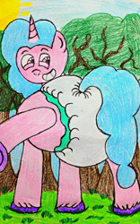 Size: 1967x3143 | Tagged: safe, artist:bitter sweetness, izzy moonbow, pony, unicorn, g5, my little pony: a new generation, my little pony: make your mark, my little pony: tell your tale, abdl, adult foal, diaper, diaper butt, diaper fetish, diapered, female, fetish, forest, grin, looking at you, looking back, looking back at you, mare, nature, non-baby in diaper, poofy diaper, rear view, smiling, traditional art, tree, white diaper