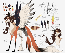 Size: 4968x4037 | Tagged: safe, artist:iheyyasyfox, oc, oc only, oc:angel duke, hybrid, absurd resolution, belly fluff, chest fluff, concave belly, grin, horns, interspecies offspring, long feather, male, offspring, parent:discord, parent:princess celestia, parents:dislestia, simple background, slender, smiling, solo, spread wings, thin, thin legs, unshorn fetlocks, white background, wings