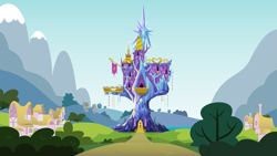 Size: 2079x1170 | Tagged: safe, artist:culu-bluebeaver, g4, castle, digital, digital art, houses, mountain, no pony, ponyville, scenery, summer, tree, twilight's castle, vector, vector trace