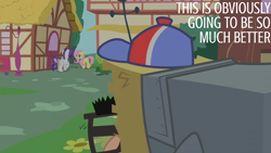 Size: 2000x1125 | Tagged: safe, edit, edited screencap, editor:quoterific, screencap, fluttershy, pinkie pie, rarity, earth pony, pegasus, pony, unicorn, g4, party of one, season 1, disguise, groucho mask, hay bale, hay guise, horn