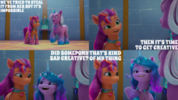 Size: 2000x1125 | Tagged: safe, edit, edited screencap, editor:quoterific, screencap, izzy moonbow, sunny starscout, violet frost, auroricorn, earth pony, pony, unicorn, g5, my little pony: make your mark, my little pony: make your mark chapter 6, secrets of starlight, spoiler:g5, spoiler:my little pony: make your mark, spoiler:my little pony: make your mark chapter 6, spoiler:mymc06e04, female, mare