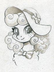 Size: 747x1000 | Tagged: safe, artist:maytee, carrot top, golden harvest, earth pony, pony, g4, bowtie, bust, freckles, hat, monochrome, pencil drawing, portrait, simple background, smiling, solo, sun hat, traditional art