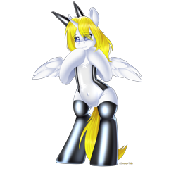 Size: 3000x3000 | Tagged: safe, artist:xcinnamon-twistx, oc, oc only, oc:deadie, alicorn, pony, bipedal, bunny suit, clothes, commission, high res, latex, leotard, see-through, simple background, socks, solo, thigh highs, transparent background, transparent bunny suit, your character here