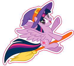 Size: 875x777 | Tagged: safe, twilight sparkle, alicorn, pony, g4, official, 2d, adorable face, broom, cute, flying, hat, looking at you, merchandise, simple background, smiling, smiling at you, solo, sticker, stock vector, twilight sparkle (alicorn), vector, waving, white background, witch, witch hat