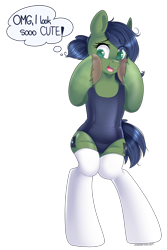 Size: 2000x3000 | Tagged: safe, artist:xcinnamon-twistx, oc, oc only, oc:gray hat, earth pony, pony, semi-anthro, bipedal, clothes, dialogue, female, hooves on cheeks, mare, one-piece swimsuit, simple background, socks, solo, swimsuit, thigh highs, transparent background, unshorn fetlocks