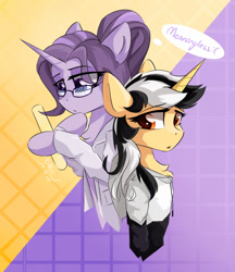 Size: 1413x1636 | Tagged: safe, artist:行豹cheetahspeed, oc, oc:autumn trace, pony, unicorn, back to back, black and white mane, clothes, duo, duo female, female, hoodie, intp, lab coat, light, looking left, mare, mbti, orange eyes, purple eyes, purple mane, purple skin, sketch, test tube, yellow skin