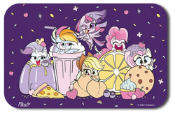 Size: 944x610 | Tagged: safe, applejack, fluttershy, pinkie pie, rainbow dash, rarity, twilight sparkle, alicorn, earth pony, pegasus, unicorn, g4, g4.5, my little pony: pony life, official, 2d, apricot, berry, blueberry, cherry, cookie, cream, drink, eating, eyes closed, flying, food, happy, heart, jello, lemon, looking at you, mane six, merchandise, milkshake, one eye closed, pizza, purple background, simple background, smiling, strawberry, twilight sparkle (alicorn), wink, winking at you