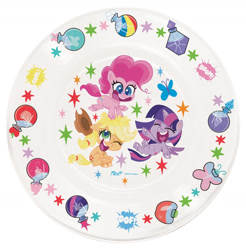 Size: 1541x1564 | Tagged: safe, applejack, pinkie pie, twilight sparkle, alicorn, butterfly, earth pony, g4, g4.5, my little pony: pony life, official, 2d, bottle, eyes closed, hat, laughing, merchandise, plate, pointing, potion, smiling, sparkle, together forever, twilight sparkle (alicorn)