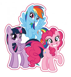 Size: 477x524 | Tagged: safe, pinkie pie, rainbow dash, twilight sparkle, alicorn, earth pony, pegasus, pony, g4, official, 2d, female, flying, grin, happy, looking at you, mare, merchandise, patch, raised hoof, simple background, smiling, smiling at you, sticker, stock vector, twilight sparkle (alicorn), white background