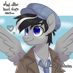 Size: 1023x1023 | Tagged: safe, artist:horsesrnaked, oc, oc only, oc:chopsticks, pegasus, anthro, clothes, gift art, hat, heart, jacket, male, necktie, solo, spread wings, stallion, text, wings