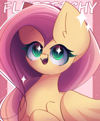 Size: 2150x2600 | Tagged: safe, artist:miryelis, fluttershy, pegasus, pony, g4, big ears, commission, cute, female, mare, pink background, shyabetes, signature, simple background, smiling, solo, text, wings