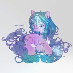 Size: 2000x2000 | Tagged: safe, artist:laymy, izzy moonbow, pony, unicorn, g5, bracelet, colored hooves, crossed hooves, female, friendship bracelet, gray background, high res, jewelry, looking at you, lying down, mare, prone, signature, simple background, smiling, smiling at you, solo, unshorn fetlocks, white background