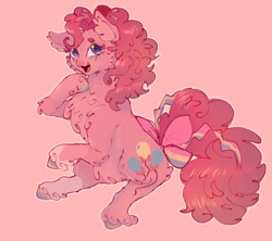 Size: 1362x1209 | Tagged: safe, artist:fealcity, pinkie pie, earth pony, pony, g4, bow, cheek fluff, chest fluff, cute, diapinkes, ear fluff, female, fluffy, mare, open mouth, open smile, pink background, simple background, sitting, smiling, solo, tail, tail bow, unshorn fetlocks