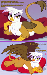 Size: 2000x3141 | Tagged: safe, ai assisted, ai content, artist:rupert, generator:pony diffusion v6 xl, generator:stable diffusion, prompter:rupert, gilda, griffon, series:ask white belly gilda, g4, ask, cushion, cute, dialogue, draw me like one of your french girls, female, gildadorable, heart, implied manehattan, inviting, lidded eyes, lying down, pale belly, plump, prone, show accurate, solo, sultry pose, tumblr, white belly
