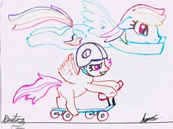 Size: 2676x2000 | Tagged: safe, artist:elidiotadelaesquina, rainbow dash, scootaloo, pegasus, pony, g4, duo, female, filly, flying, foal, helmet, mare, partial color, scooter, siblings, traditional art