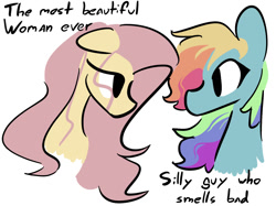 Size: 1209x905 | Tagged: safe, artist:captainzigo, fluttershy, rainbow dash, pegasus, pony, g4, bust, duo, female, lesbian, looking at each other, looking at someone, ship:flutterdash, shipping, simple background, text, white background