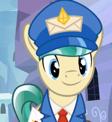 Size: 332x360 | Tagged: safe, screencap, proper postal, crystal pony, pony, g4, season 8, the parent map, animated, blinking, clothes, cropped, cute, gif, hat, mailpony, male, smiling, solo, stallion