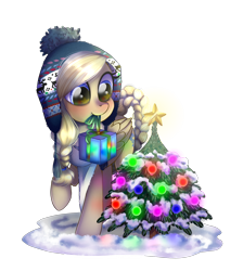 Size: 1350x1510 | Tagged: safe, artist:toxiccolour, oc, oc only, oc:cornflower meadow, pegasus, pony, blushing, christmas, christmas lights, christmas tree, clothes, cute, female, hat, holiday, mare, mouth hold, present, raised hoof, scarf, simple background, snow, solo, transparent background, tree