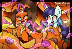 Size: 3900x2700 | Tagged: safe, artist:snakeythingy, coloratura, oc, oc:lumo, lamia, original species, snake, snake pony, bondage, coiling, coils, commission, hypnosis, looking at you, microphone, music, singing
