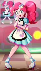 Size: 1934x3334 | Tagged: safe, artist:the-butch-x, pinkie pie, coinky-dink world, eqg summertime shorts, equestria girls, g4, alternate hairstyle, apron, clothes, coat markings, cute, diapinkes, dress, female, hat, open mouth, ponytail, roller skates, screencap reference, server pinkie pie, skates, socks, solo, waitress