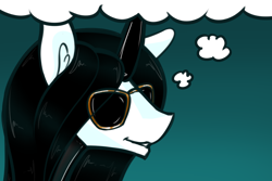 Size: 1200x800 | Tagged: safe, artist:sile-animus, oc, oc only, oc:culpa, unicorn, dracula flow, glasses, gradient background, latex, latex suit, meme, smiling, smirk, solo, thought bubble