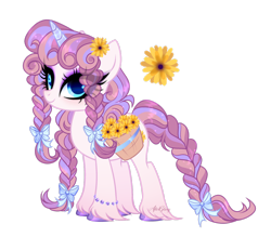 Size: 1920x1679 | Tagged: safe, artist:afterglory, oc, oc only, pony, unicorn, adoptable, bag, braid, braided tail, female, flower, magical lesbian spawn, mare, offspring, parent:izzy moonbow, parent:sunny starscout, parents:moonscout, saddle bag, simple background, solo, tail, transparent background, unshorn fetlocks