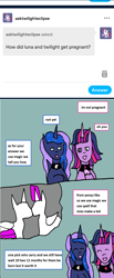 Size: 1164x2816 | Tagged: safe, princess luna, twilight sparkle, oc, alicorn, pony, g4, ask, female, lesbian, pregnant, ship:twiluna, shipping, tumblr, twilight sparkle (alicorn)