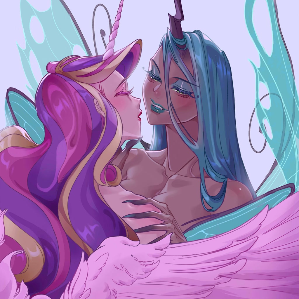 [blushing,breasts,cleavage,duo,eyes closed,eyeshadow,female,g4,horn,horned humanization,human,humanized,infidelity,lesbian,lipstick,makeup,princess cadance,queen chrysalis,safe,shipping,winged humanization,wings,duo female,lidded eyes,artist:luverihu,ship:cadalis]