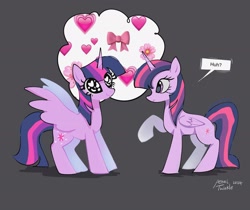 Size: 2048x1723 | Tagged: safe, artist:petaltwinkle, twilight sparkle, alicorn, pony, g4, big eyes, duality, duo, female, gray background, heart, heart eyes, mare, self paradox, self ponidox, signature, simple background, smiling, spread wings, thought bubble, twilight sparkle (alicorn), wingding eyes, wings