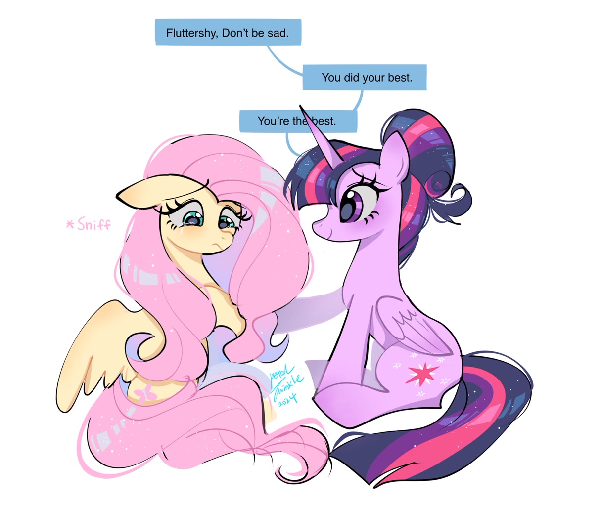 [alicorn,alternate hairstyle,blushing,comforting,crying,cute,dialogue,duo,female,floppy ears,fluttershy,frown,g4,hair bun,horn,looking down,mare,pegasus,pony,sad,safe,signature,simple background,sitting,speech bubble,text,twilight sparkle,white background,wings,shyabetes,twiabetes,updo,ear blush,smiling,folded wings,twilight sparkle (alicorn),looking at someone,partially open wings,artist:petaltwinkle]