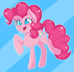 Size: 3277x3180 | Tagged: safe, artist:bubblegooey, pinkie pie, earth pony, pony, g4, :d, adorable face, blue background, blue eyes, blushing, cute, diapinkes, eyelashes, female, full body, high res, mare, open mouth, open smile, pink coat, pink mane, raised hoof, raised leg, signature, simple background, smiling, solo, wingding eyes