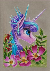 Size: 4874x6980 | Tagged: safe, artist:cahandariella, princess flurry heart, alicorn, g4, bust, colored pencil drawing, crown, ear piercing, earring, flower, fruit, jewelry, leaves, older, older flurry heart, piercing, portrait, regalia, simple background, solo, traditional art