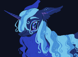 Size: 1391x1031 | Tagged: safe, artist:webkinzworldz, princess luna, alicorn, pony, g4, alternate design, alternate hairstyle, black background, black sclera, blue background, blue eyelashes, bust, colored eyelashes, dark background, dark sclera, ear fluff, ear freckles, ear tufts, ears back, ethereal mane, fangs, female, freckles, hair over one eye, looking at you, mare, open mouth, simple background, solo, sparkly mane, starry eyes, starry mane, wingding eyes
