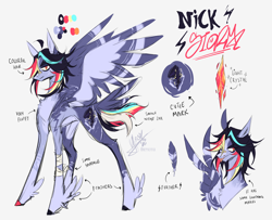 Size: 4968x4037 | Tagged: safe, artist:iheyyasyfox, oc, oc only, oc:nick storm, pegasus, pony, absurd resolution, bandage, bandaged leg, bandaid, bandaid on nose, coat markings, concave belly, eye clipping through hair, feathered fetlocks, long legs, male, offspring, parent:rainbow dash, parent:soarin', parents:soarindash, reference sheet, simple background, slender, solo, spread wings, stallion, thin, white background, wings