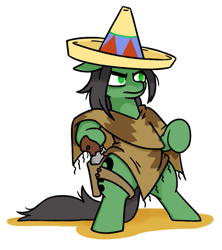Size: 695x781 | Tagged: safe, artist:jargon scott, oc, oc only, oc:anon-mare, earth pony, pony, bipedal, clothes, female, floppy ears, gun, handgun, hat, holster, mare, poncho, revolver, simple background, solo, white background