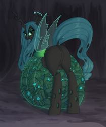 Size: 3715x4436 | Tagged: safe, artist:carnifex, queen chrysalis, changeling, changeling queen, nymph, fanfic:from love to changelings, g4, absurd resolution, adoracreepy, belly, belly on floor, bugbutt, butt, cave, cheeselegs, chrysalass, commission, creepy, cute, distressed, disturbing, dock, featureless crotch, female, fetus, frown, glowing, glowing belly, holes, hyper, hyper belly, hyper pregnancy, impossibly large belly, looking at you, looking back, looking back at you, mommy chrissy, multiple pregnancy, plot, pregnant, quadrupedal, queen pregalis, smiling, struggling, tail, tight bulge, translucent belly, transparent belly, transparent flesh, transparent wings, wings, womb with a view
