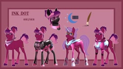 Size: 2048x1165 | Tagged: safe, artist:parrpitched, oc, oc:ink dot(fireverse), earth pony, pony, clothes, concave belly, cosplay, costume, fireheart76's latex suit design, gloves, latex, latex boots, latex gloves, latex suit, prisoners of the moon, reference sheet, rubber, rubber boots, rubber suit