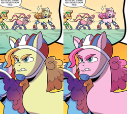 Size: 984x886 | Tagged: safe, color edit, edit, idw, official comic, captain buck, misty brightdawn, earth pony, pony, unicorn, g5, kenbucky roller derby #1, my little pony: kenbucky roller derby, spoiler:comic, spoiler:g5comic, buck sandstone, colored, comparison, curly hair, helmet, implied pinkie pie, rebirth misty, recolor, skates