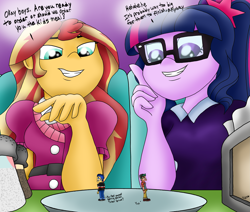 Size: 3239x2751 | Tagged: safe, artist:vanillabeam, flash sentry, sci-twi, sunset shimmer, timber spruce, twilight sparkle, oc, oc:vanilla beam, human, equestria girls, g4, female, food, larger female, male, micro, pepper, salt, shrinking, size difference, smaller male