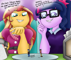 Size: 3239x2751 | Tagged: safe, artist:vanillabeam, flash sentry, sci-twi, sunset shimmer, timber spruce, twilight sparkle, oc, oc:vanilla beam, human, equestria girls, g4, female, food, giantess, larger female, macro, male, micro, pepper, salt, shrinking, size difference, smaller male