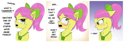 Size: 2850x971 | Tagged: safe, artist:chopsticks, posey bloom, earth pony, pony, g5, adoraposey, angry, baka, blushing, bow, bust, cheek fluff, cute, denial, dialogue, ear fluff, female, floppy ears, hair bow, jewelry, looking at you, looking away, madorable, mare, necklace, offscreen character, open mouth, ponytail, posey bloom is not amused, solo, stuttering, talking to viewer, text, tsundeposey, tsundere, unamused
