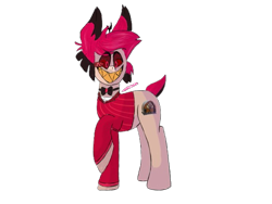 Size: 577x433 | Tagged: safe, artist:kenzie, deer, deer pony, demon, demon pony, hybrid, original species, pony, undead, wendigo, alastor, bowtie, bowties are cool, clothes, crossover, deer demon, deer tail, hazbin hotel, hellaverse, jacket, male, monocle, overcoat, overlord demon, paint tool sai, ponified, radio, red eyes, red sclera, rule 85, simple background, simple shading, sinner demon, smiling, solo, stallion, tail, transparent background, wendigo pony