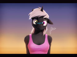 Size: 7200x5400 | Tagged: safe, artist:imafutureguitarhero, oc, oc only, oc:tantabus, unicorn, anthro, g4, 3d, :o, absurd resolution, arm fluff, black bars, breast fluff, breasts, bust, cheek fluff, chromatic aberration, cleavage, cleavage fluff, clothes, colored eyebrows, colored eyelashes, commission, cross-eyed, cute, daaaaaaaaaaaw, ear fluff, eye scar, facial scar, feather, female, film grain, floppy ears, fluffy, fluffy hair, fluffy mane, fur, gradient background, horn, mare, neck fluff, nose wrinkle, ocbetes, one ear down, open mouth, paintover, pre sneeze, revamped anthros, revamped ponies, scar, shoulder fluff, signature, solo, source filmmaker, tank top, this will end in sneezing, unicorn oc, wall of tags, ych result