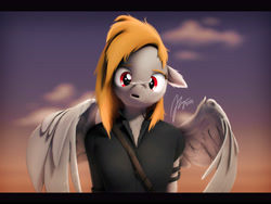 Size: 7200x5400 | Tagged: safe, artist:imafutureguitarhero, oc, oc only, oc:blazen trail, pegasus, anthro, g4, 3d, :o, absurd resolution, arm fluff, black bars, bust, cheek fluff, chest fluff, chromatic aberration, clothes, cloud, colored eyebrows, colored eyelashes, commission, cross-eyed, cute, daaaaaaaaaaaw, ear fluff, feather, female, film grain, floppy ears, fluffy, fluffy hair, fluffy mane, fur, gradient background, mare, neck fluff, nose wrinkle, ocbetes, one ear down, open mouth, paintover, partially open wings, pegasus oc, pre sneeze, revamped anthros, revamped ponies, scar, shirt, signature, sky, solo, source filmmaker, straps, this will end in sneezing, wall of tags, wing fluff, wings, ych result