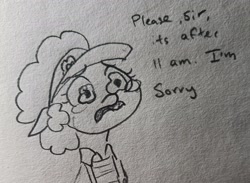 Size: 2048x1499 | Tagged: safe, artist:pony quarantine, oc, oc only, earth pony, pony, bust, dialogue, female, frown, mare, mcdonald's, pencil drawing, solo, talking to viewer, teary eyes, traditional art, visor cap